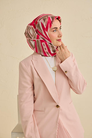 Twill İpek Eşarp Bohem Atlas Desen Tozpembe 90x90 - Twill İpek Eşarp - | Silk Home