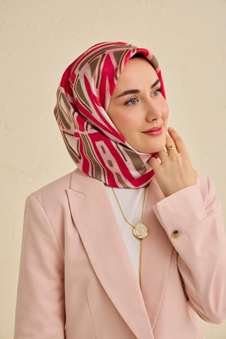 Twill İpek Eşarp Bohem Atlas Desen Tozpembe 90x90 - Twill İpek Eşarp - | Silk Home