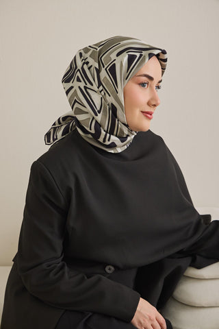 Twill İpek Eşarp Bohem Atlas Desen Gümüş 90x90 - Twill İpek Eşarp - | Silk Home
