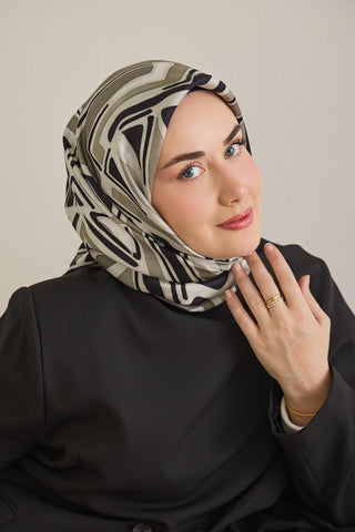 Twill İpek Eşarp Bohem Atlas Desen Gümüş 90x90 - Twill İpek Eşarp - | Silk Home