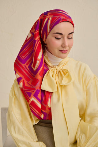 Twill İpek Eşarp Bohem Atlas Desen Somon 90x90 - Twill İpek Eşarp - | Silk Home