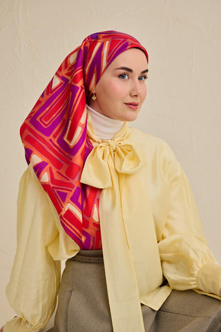 Twill İpek Eşarp Bohem Atlas Desen Somon 90x90 - Twill İpek Eşarp - | Silk Home