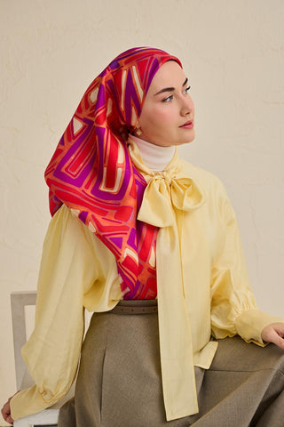 Twill İpek Eşarp Bohem Atlas Desen Somon 90x90 - Twill İpek Eşarp - | Silk Home