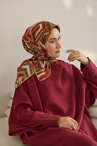 Twill İpek Eşarp Bohem Atlas Desen Küf Yeşili 90x90 - Twill İpek Eşarp - | Silk Home
