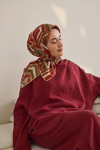 Twill İpek Eşarp Bohem Atlas Desen Küf Yeşili 90x90 - Twill İpek Eşarp - | Silk Home