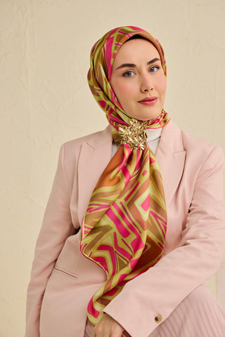 Twill İpek Eşarp Bohem Atlas Desen Fıstık Yeşili 90x90