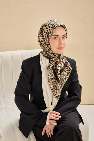 Twill İpek Eşarp Leopar Bej 90x90 - Twill İpek Eşarp - | Silk Home
