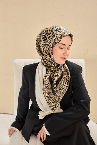 Twill İpek Eşarp Leopar Bej 90x90 - Twill İpek Eşarp - | Silk Home