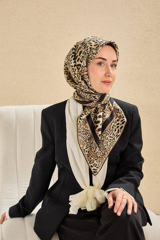 Twill İpek Eşarp Leopar Bej 90x90 - Twill İpek Eşarp - | Silk Home