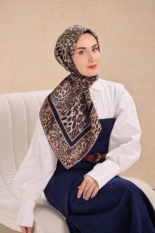 Twill Silk Scarf, Navy Blue, Green Tones, Patterned, Firm Structure, 90x90 cm.