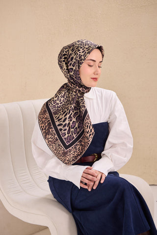Twill İpek Eşarp Leopar Krem 90x90 - Twill İpek Eşarp - | Silk Home