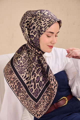 Twill İpek Eşarp Leopar Krem 90x90 - Twill İpek Eşarp - | Silk Home