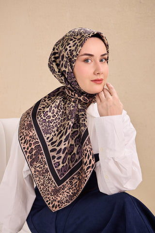 Twill İpek Eşarp Leopar Krem 90x90 - Twill İpek Eşarp - | Silk Home