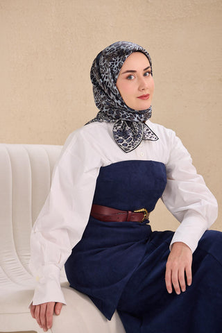 Twill İpek Eşarp Leopar Bebe Mavi 90x90 - Twill İpek Eşarp - | Silk Home