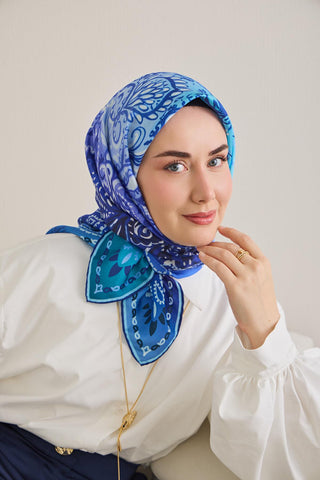 Twill İpek Eşarp Klasik Motif Mavi 90x90 - Twill İpek Eşarp - | Silk Home