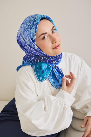 Twill İpek Eşarp Klasik Motif Mavi 90x90 - Twill İpek Eşarp - | Silk Home