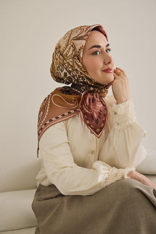 Twill İpek Eşarp Klasik Motif Rose 90x90 - Twill İpek Eşarp - | Silk Home