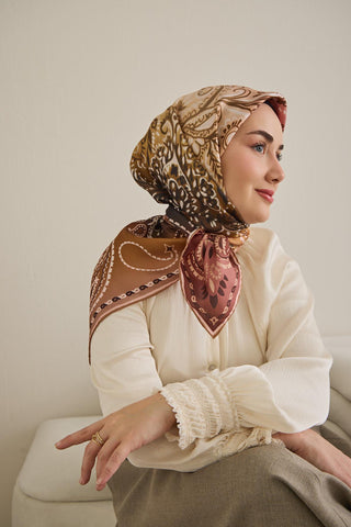 Twill İpek Eşarp Klasik Motif Rose 90x90 - Twill İpek Eşarp - | Silk Home