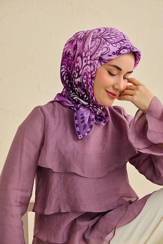 Twill İpek Eşarp Klasik Motif Mor 90x90 - Twill İpek Eşarp - | Silk Home