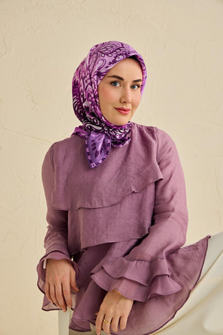 Twill İpek Eşarp Klasik Motif Mor 90x90 - Twill İpek Eşarp - | Silk Home