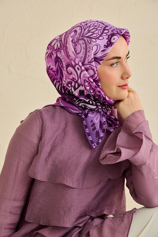 Twill İpek Eşarp Klasik Motif Mor 90x90 - Twill İpek Eşarp - | Silk Home