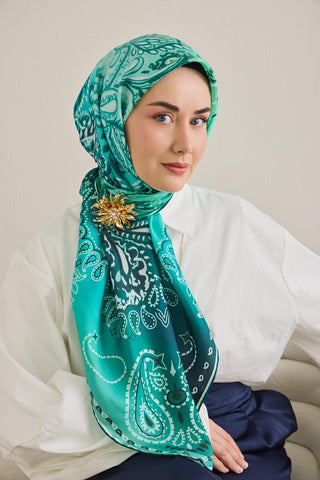 Twill Silk Scarf, Navy Blue, Green Tones, Patterned, Firm Structure, 90x90 cm.