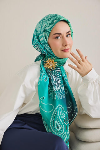 Twill İpek Eşarp Klasik Motif Turkuaz 90x90 - Twill İpek Eşarp - | Silk Home