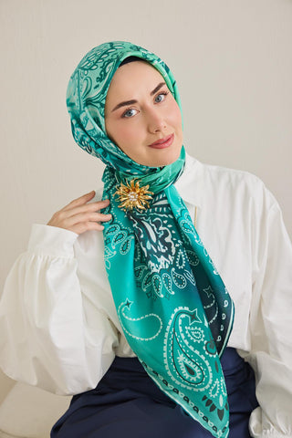Twill İpek Eşarp Klasik Motif Turkuaz 90x90 - Twill İpek Eşarp - | Silk Home
