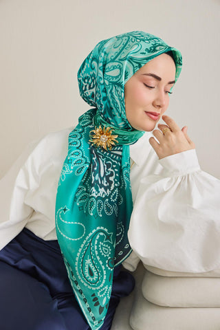Twill İpek Eşarp Klasik Motif Turkuaz 90x90 - Twill İpek Eşarp - | Silk Home