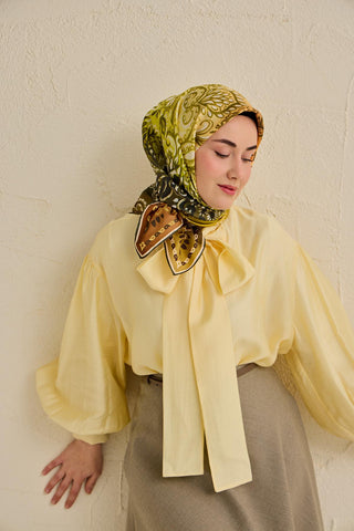 Twill İpek Eşarp Klasik Motif Sarı 90x90 - Twill İpek Eşarp - | Silk Home