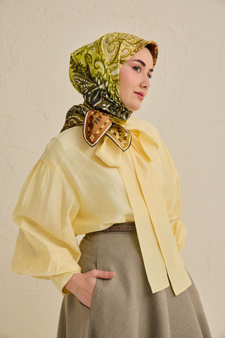 Twill İpek Eşarp Klasik Motif Sarı 90x90 - Twill İpek Eşarp - | Silk Home