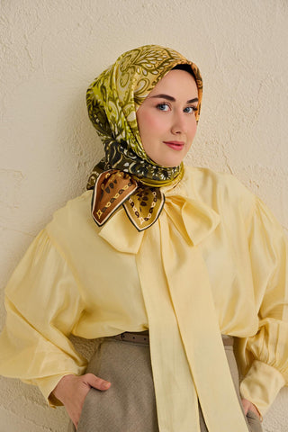 Twill İpek Eşarp Klasik Motif Sarı 90x90 - Twill İpek Eşarp - | Silk Home