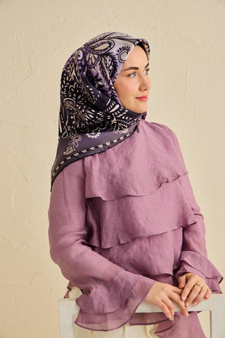 Twill İpek Eşarp Klasik Motif Eflatun 90x90 - Twill İpek Eşarp - | Silk Home