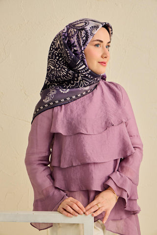 Twill İpek Eşarp Klasik Motif Eflatun 90x90 - Twill İpek Eşarp - | Silk Home