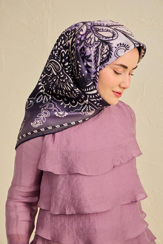 Twill İpek Eşarp Klasik Motif Eflatun 90x90 - Twill İpek Eşarp - | Silk Home