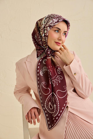 Twill İpek Eşarp Klasik Motif Bordo 90x90 - Twill İpek Eşarp - | Silk Home