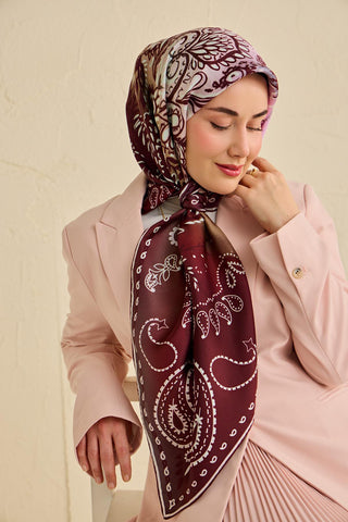 Twill İpek Eşarp Klasik Motif Bordo 90x90 - Twill İpek Eşarp - | Silk Home