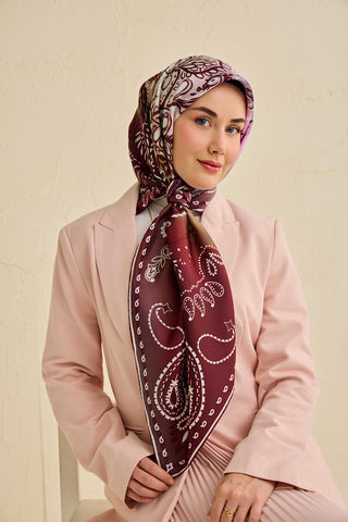 Twill İpek Eşarp Klasik Motif Bordo 90x90 - Twill İpek Eşarp - | Silk Home
