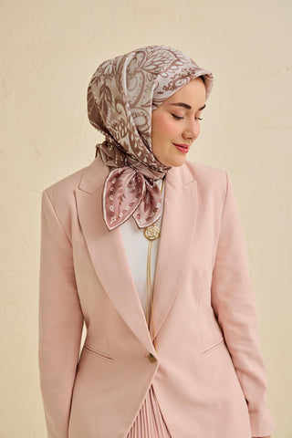 Twill İpek Eşarp Klasik Motif Gül Kurusu 90x90 - Twill İpek Eşarp - | Silk Home