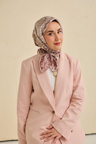 Twill İpek Eşarp Klasik Motif Gül Kurusu 90x90 - Twill İpek Eşarp - | Silk Home