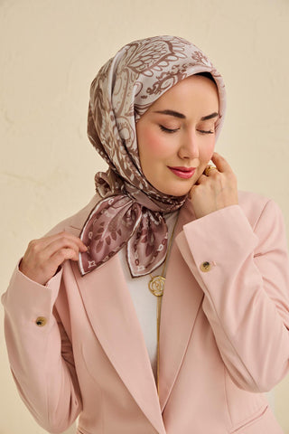 Twill İpek Eşarp Klasik Motif Gül Kurusu 90x90 - Twill İpek Eşarp - | Silk Home