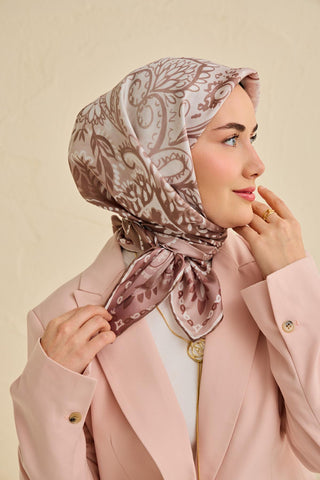 Twill İpek Eşarp Klasik Motif Gül Kurusu 90x90 - Twill İpek Eşarp - | Silk Home