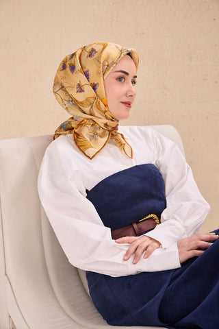 Twill İpek Eşarp Çiçek Rüyası Turuncu Bej 90x90 - Twill İpek Eşarp - | Silk Home