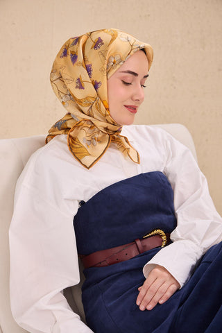 Twill İpek Eşarp Çiçek Rüyası Turuncu Bej 90x90 - Twill İpek Eşarp - | Silk Home