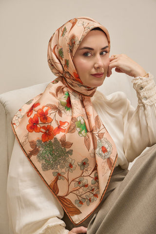 Twill İpek Eşarp Çiçek Rüyası Pudra Pembe 90x90 - Twill İpek Eşarp - | Silk Home