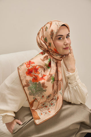 Twill İpek Eşarp Çiçek Rüyası Pudra Pembe 90x90 - Twill İpek Eşarp - | Silk Home