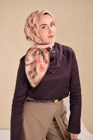 Twill Silk Scarf, Navy Blue, Green Tones, Patterned, Firm Structure, 90x90 cm.