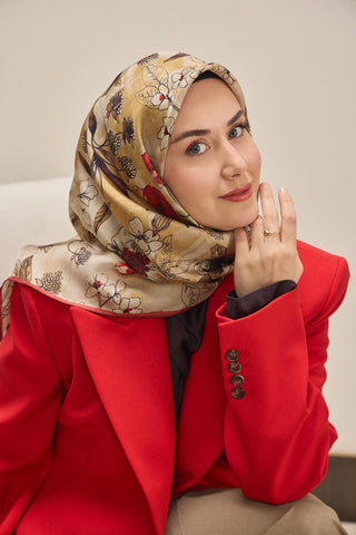 Twill İpek Eşarp Çiçek Rüyası Bej 90x90 - Twill İpek Eşarp - | Silk Home