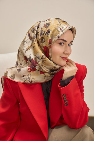 Twill İpek Eşarp Çiçek Rüyası Bej 90x90 - Twill İpek Eşarp - | Silk Home