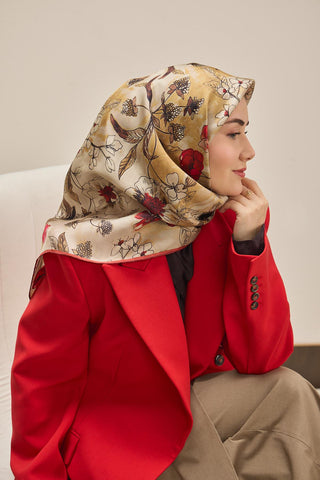 Twill İpek Eşarp Çiçek Rüyası Bej 90x90 - Twill İpek Eşarp - | Silk Home